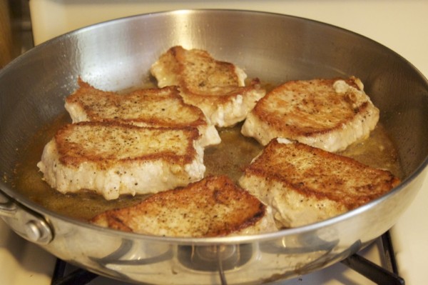 Pork chope with caramelized onion dijon cream sauce