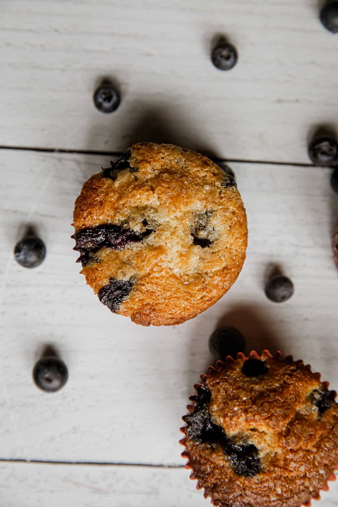 Fresh blueberry muffin with blueberries scattered around on white wooden surface.