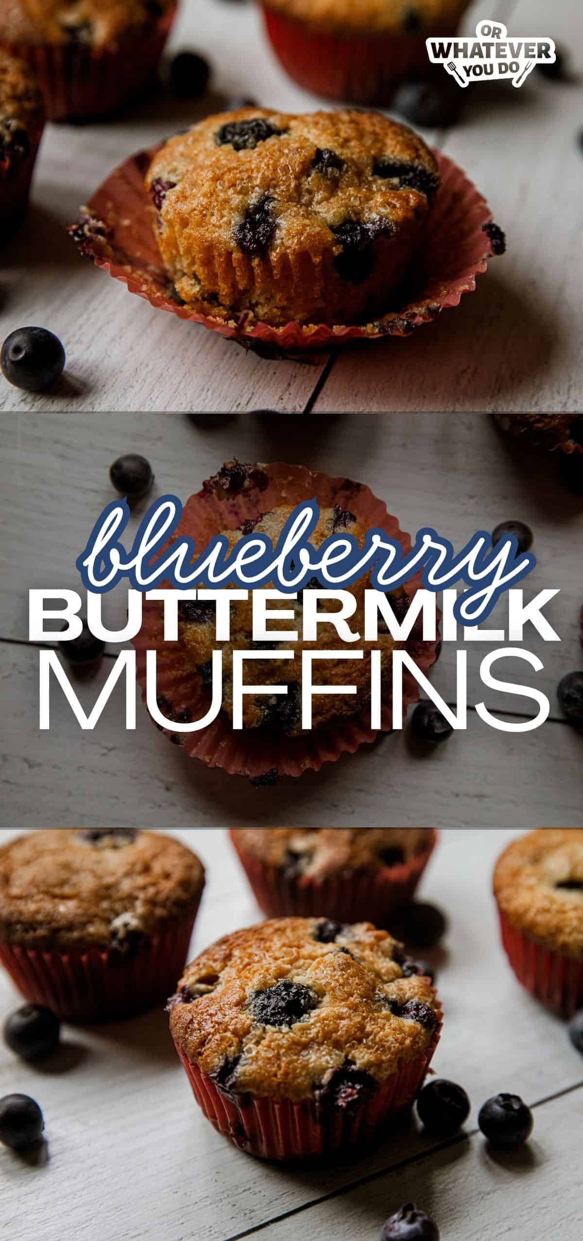 Fresh blueberry buttermilk muffins on a rustic wooden surface.