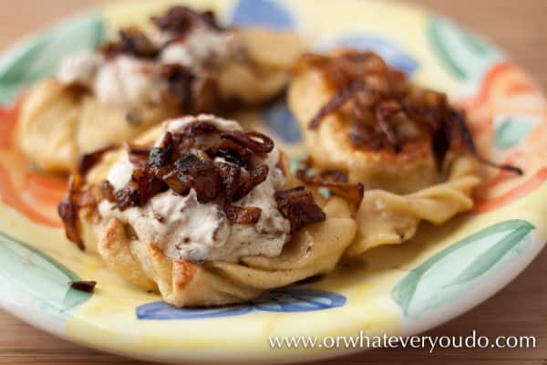 Caramelized Onion Cheddar Potato Pierogies from OrWhateverYouDo.com I leftover mashed potato recipe idea