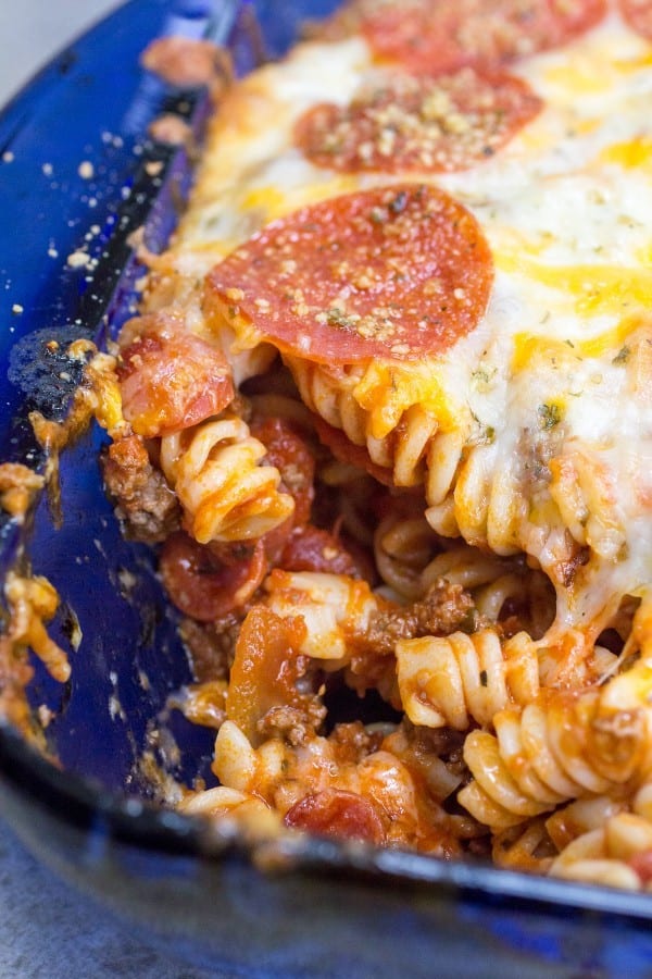 Easy and delicious pizza pasta bake. This Pepperoni Rotini Bake will have everyone asking for seconds!