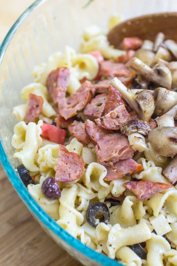 Italian Sausage Pasta Salad with Marinated Mushrooms and Olives Or
