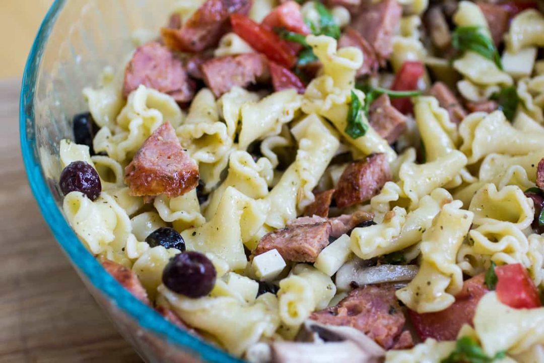 Italian Sausage Pasta Salad with Marinated Mushrooms and Olives Or