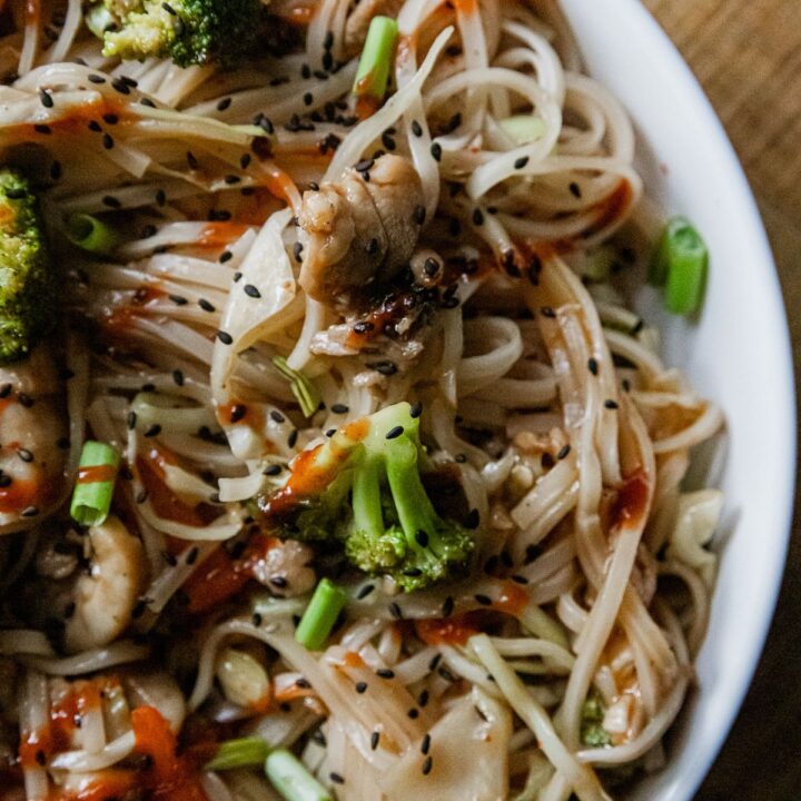 Honey Sriracha Chicken with Rice Noodles