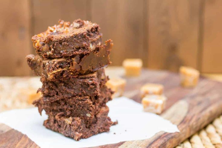 Caramel Filled Brownies are made from scratch, require no mixer, and are the perfect balance between a fudgey and cakey brownie.