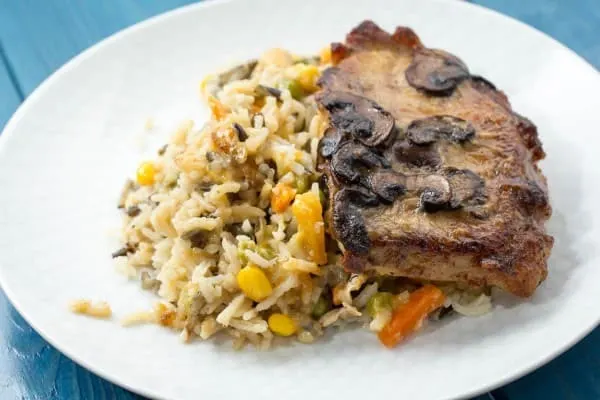 Mushroom Pork Chops with Vegetable Wild Rice Pilaf