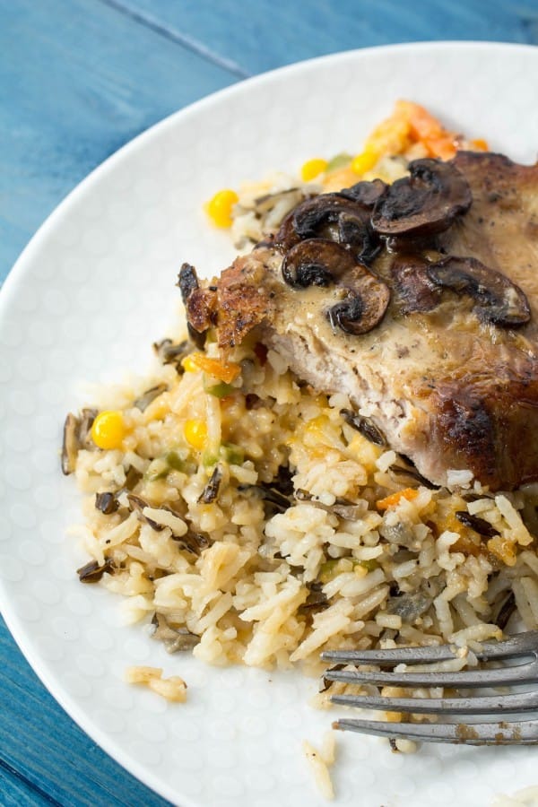Mushroom Pork Chops with Vegetable Wild Rice Pilaf
