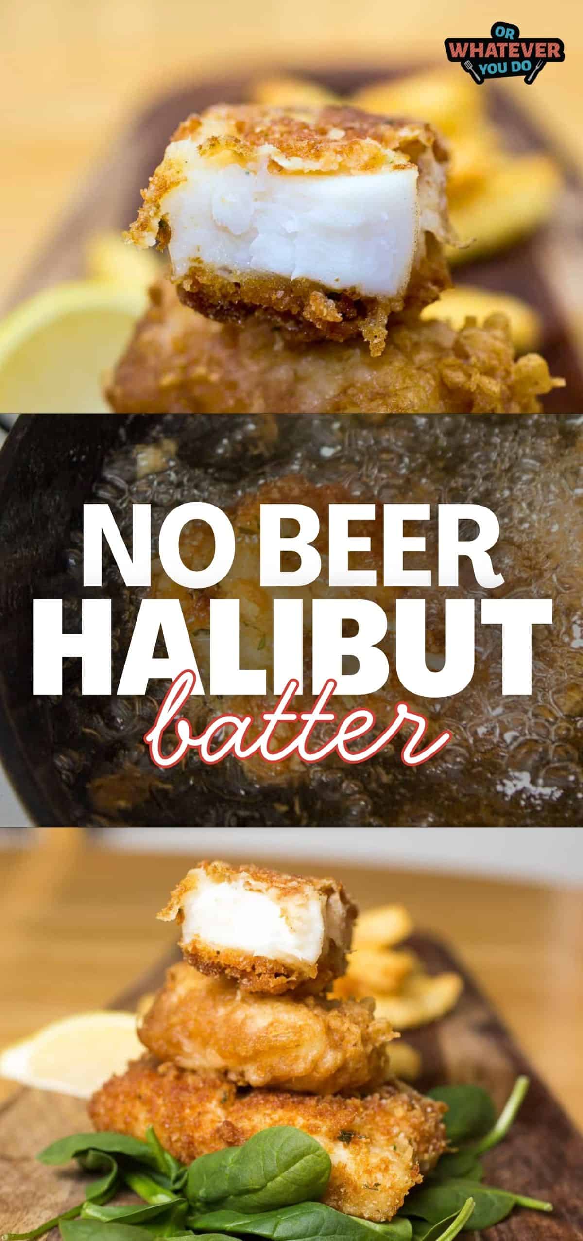 Crispy battered halibut fillet with no beer, served with lemon slices.