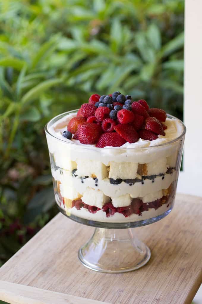 Amazing triple berry trifle with chambord and grand marnier in the whipped cream!