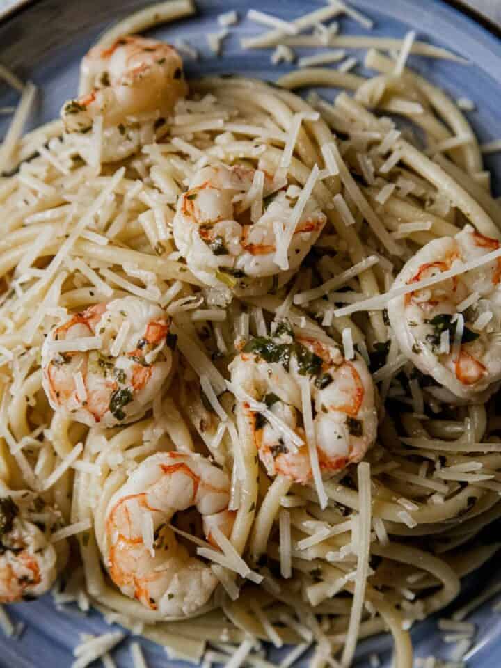 Delicious shrimp scampi pasta with grated cheese on top.