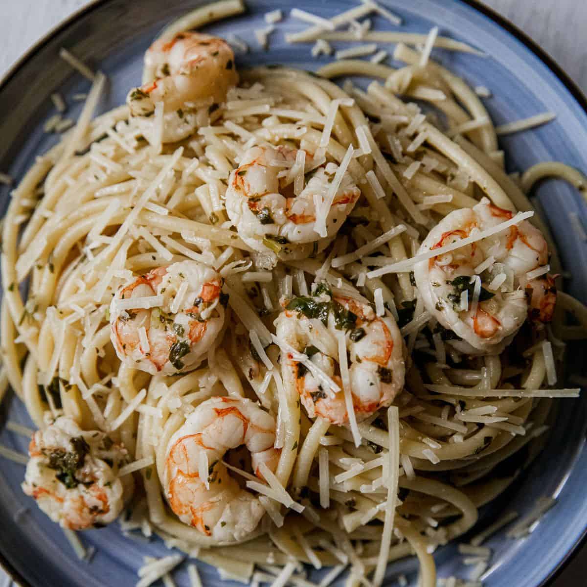 Delicious shrimp scampi pasta with grated cheese on top.