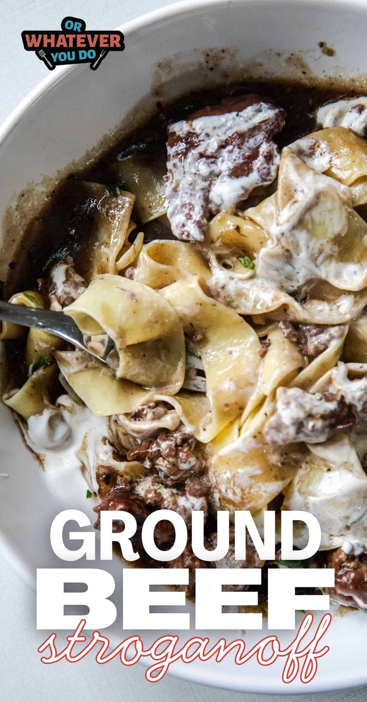 Delicious ground beef stroganoff with creamy sauce and pasta in a bowl.