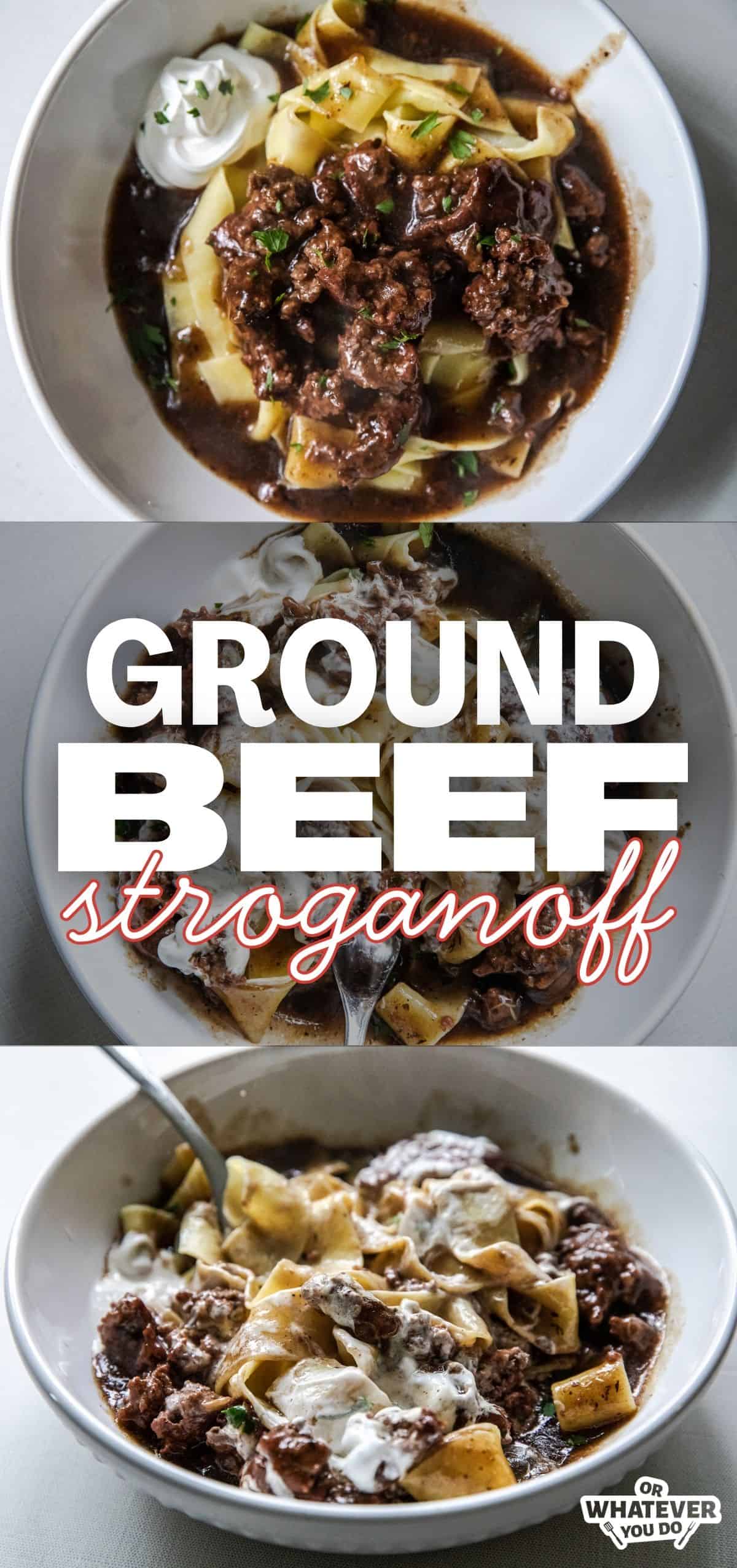 Delicious ground beef stroganoff served over noodles with sour cream and herbs.