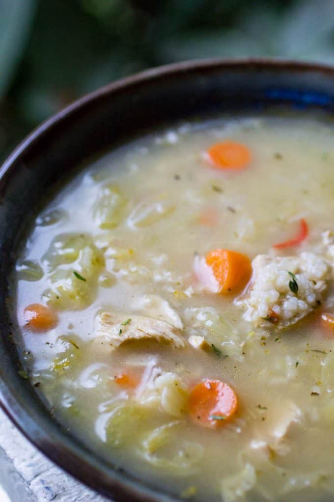 Instant Pot Chicken and Rice Soup with carrots, celery and chicken in a bowl.