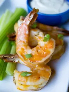 Traeger Smoked Buffalo Shrimp with celery and bleu cheese