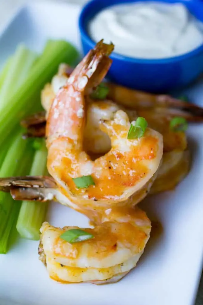 Traeger Smoked Buffalo Shrimp with celery and bleu cheese