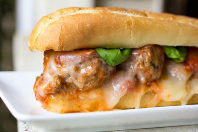 Smoked Meatball Sub on a white plate