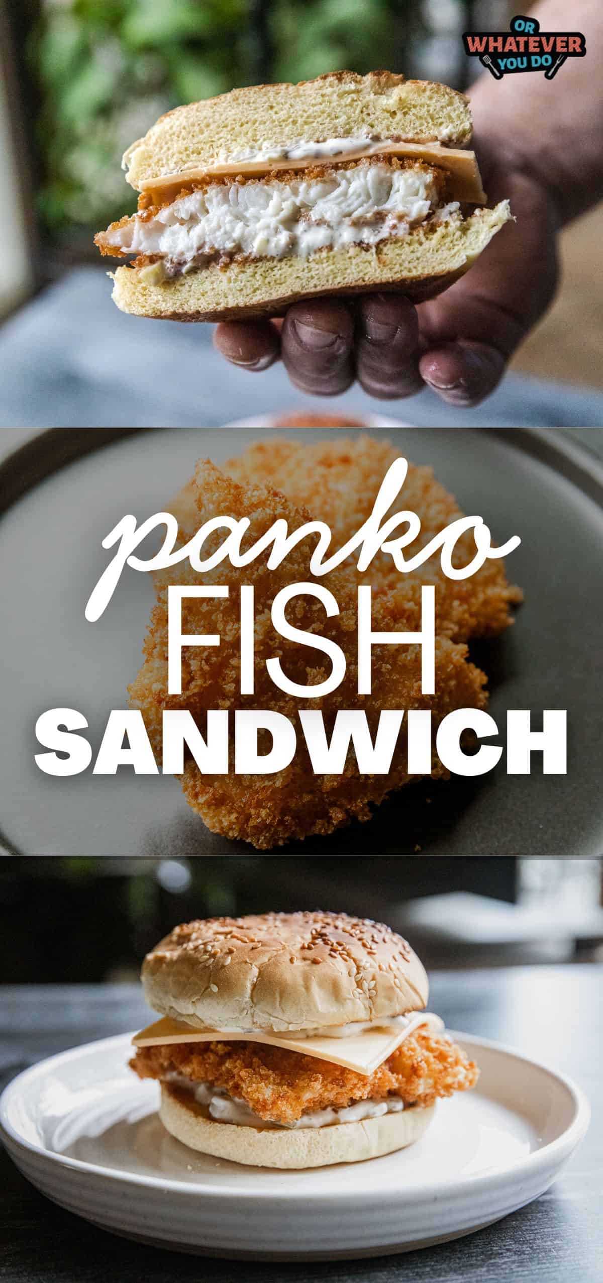 Crispy panko fish sandwich with golden breading and fresh bun.