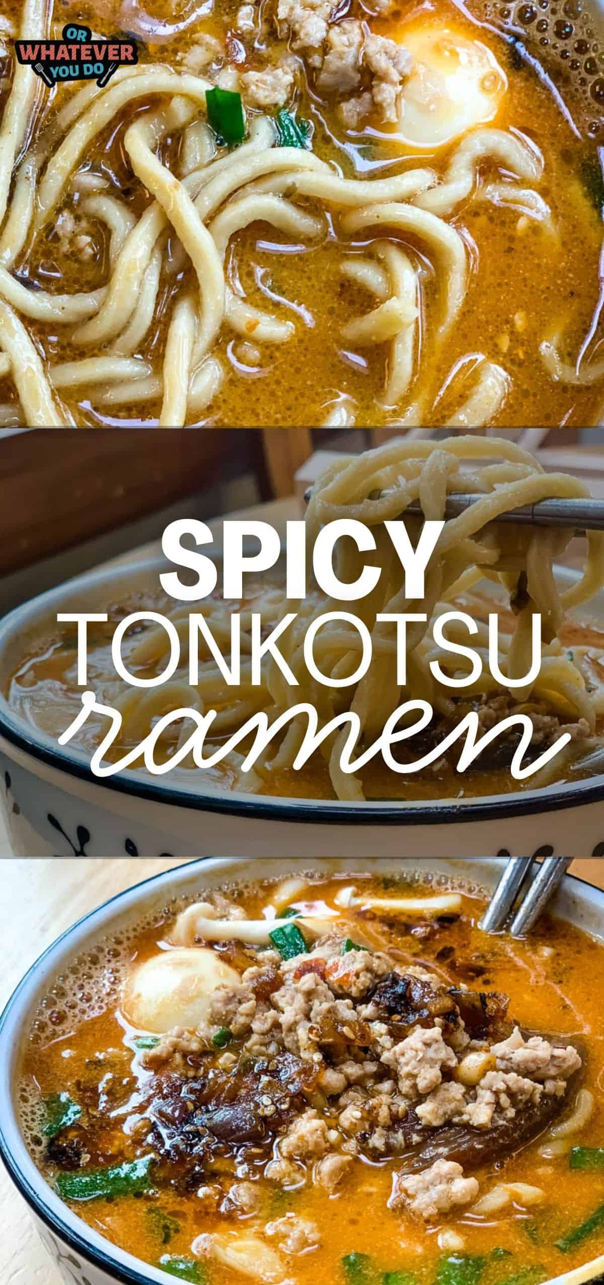Bowl of spicy tonkotsu ramen with noodles, minced meat, and green onions in rich broth.