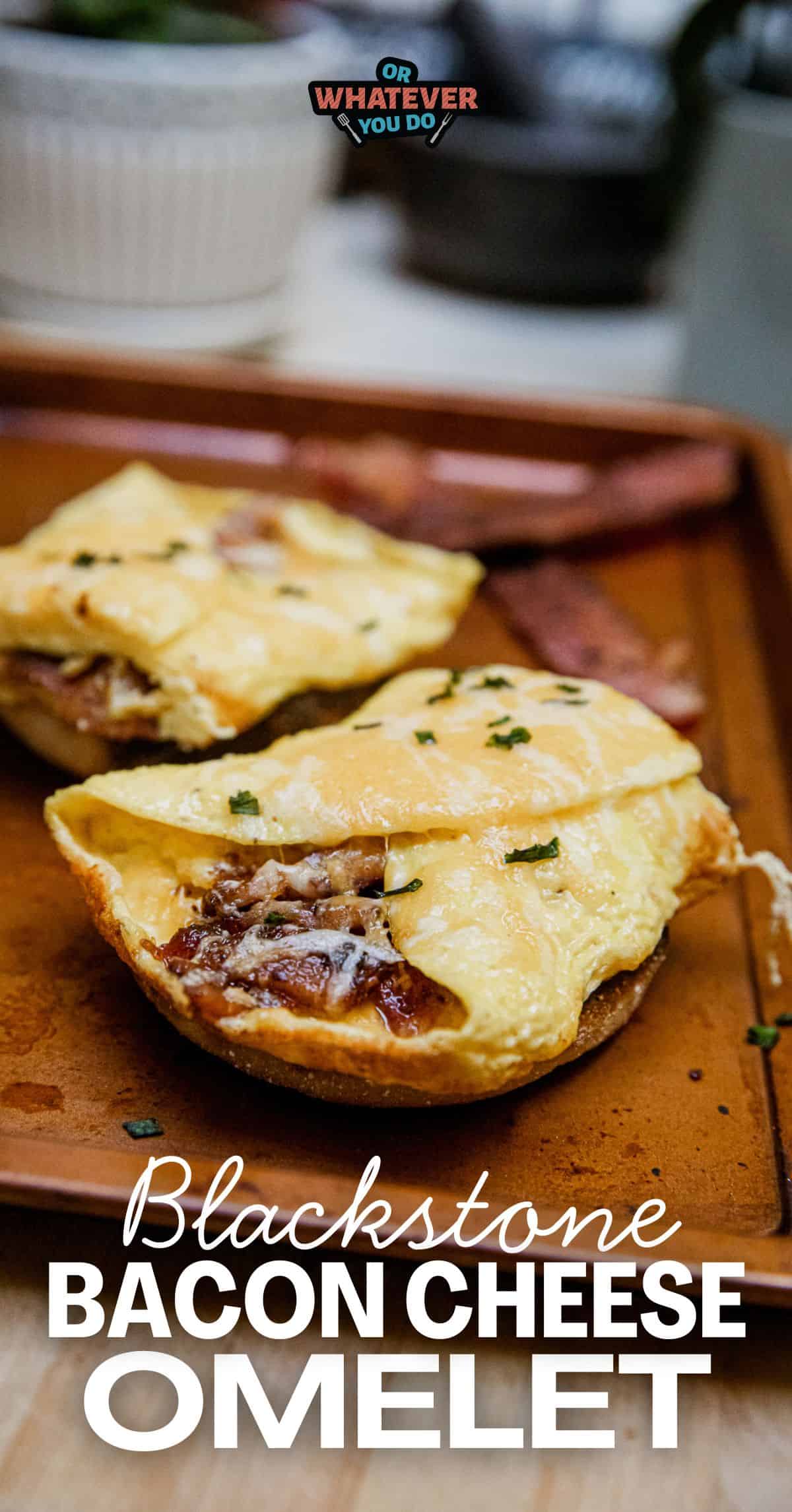 Bacon cheese omelet on a wooden board, garnished with herbs, served with crispy bacon strips in the.