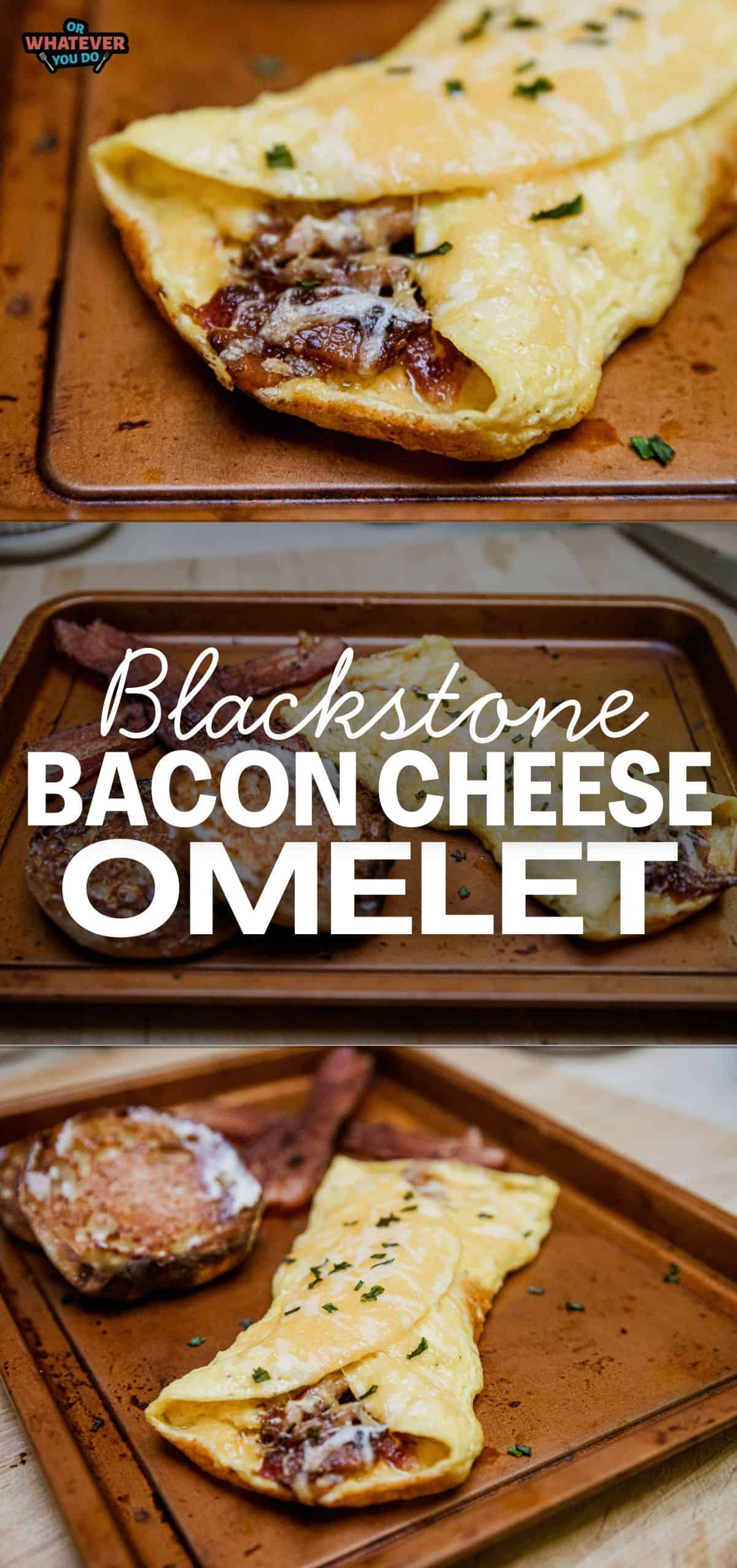 Bacon cheese omelet with crispy bacon and melted cheese, served on a wooden plate. Perfect for a hea.