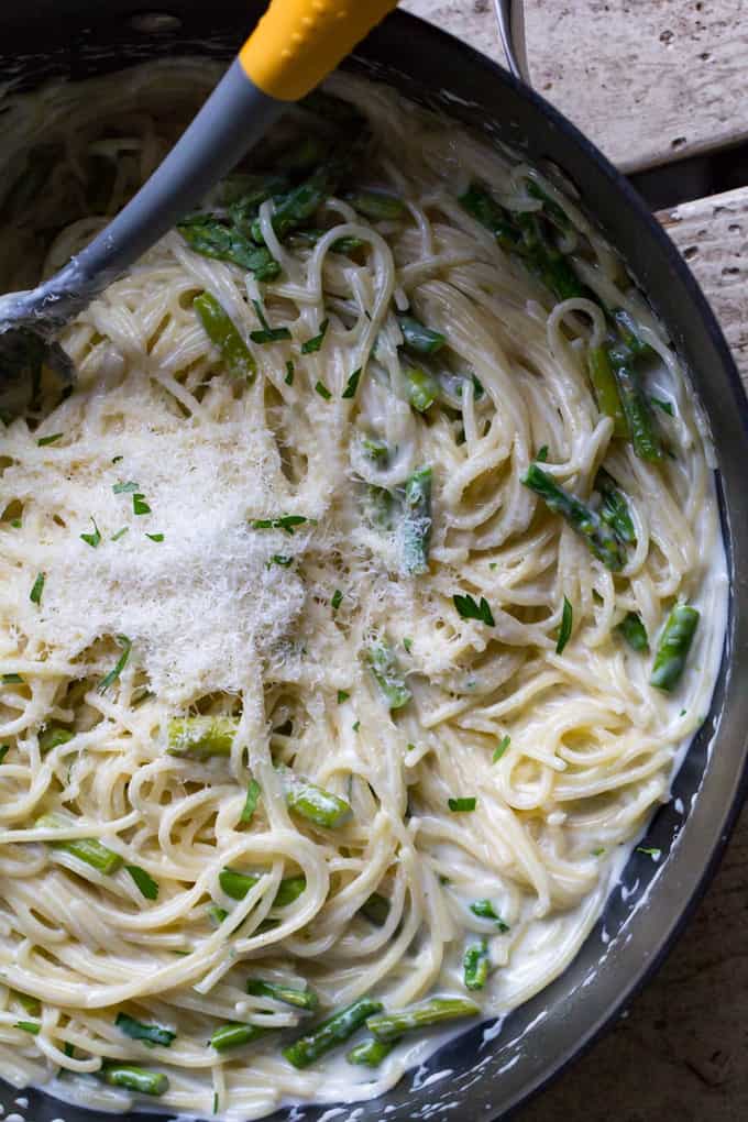 One-Pot Parmesan Noodles with Asparagus