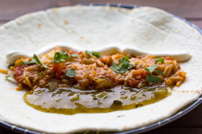 Close up of beef and bean burrito skillet