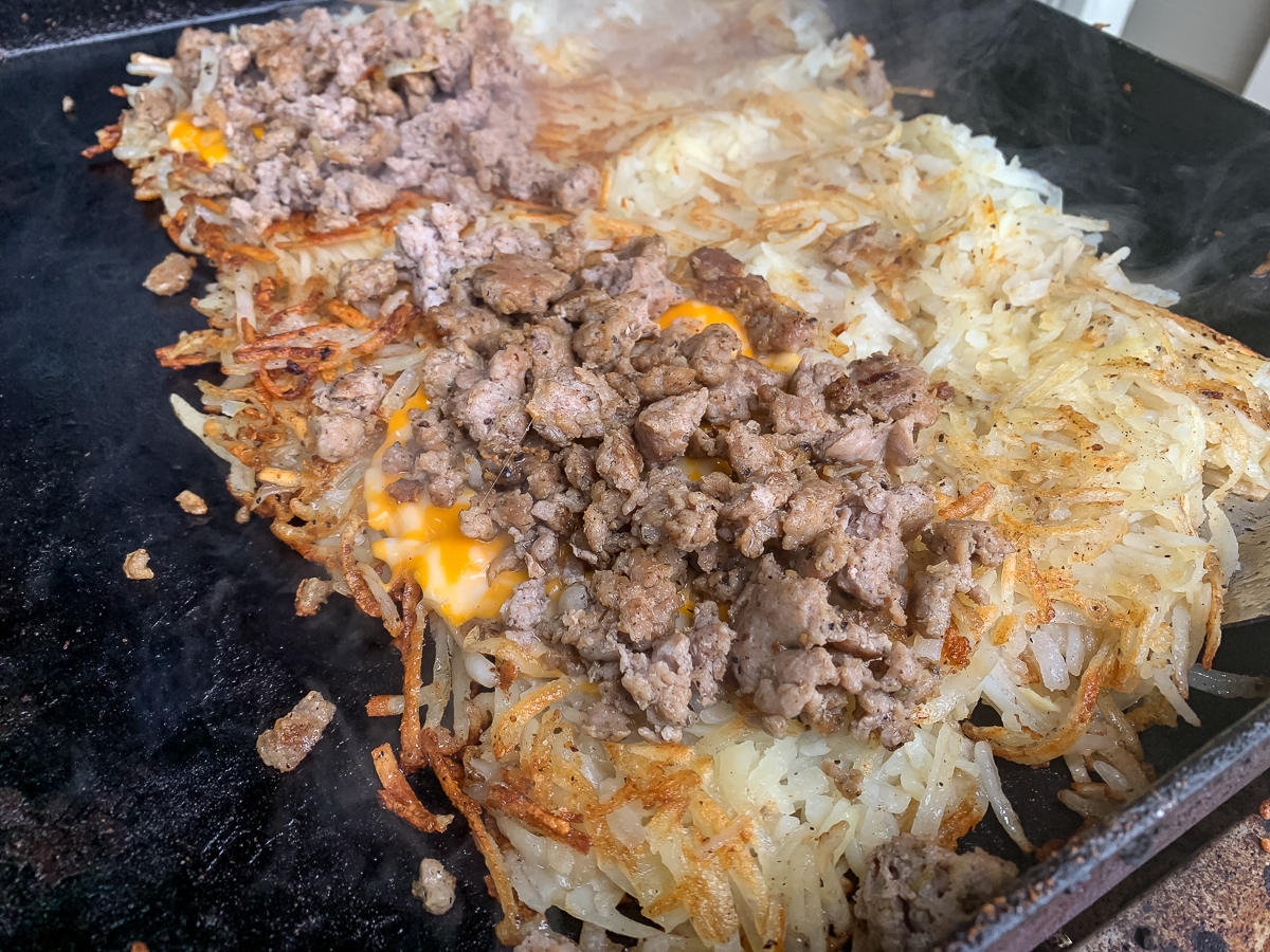 First time trying hash browns on the Blackstone. Not perfect, but edible. :  r/blackstonegriddle