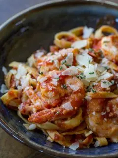 Shrimp Marinara in a blue bowl with parmesan cheese and parsley on top