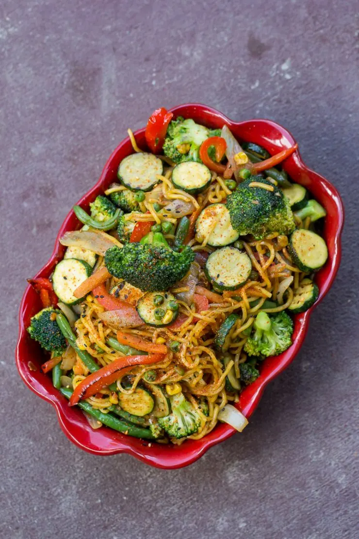 Vegetable Yakisoba in a red bowl