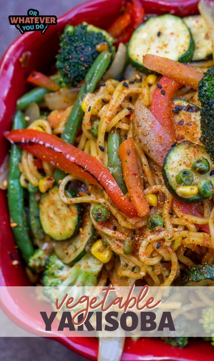 Vegetable Yakisoba with lots of veggies in a red baking dish