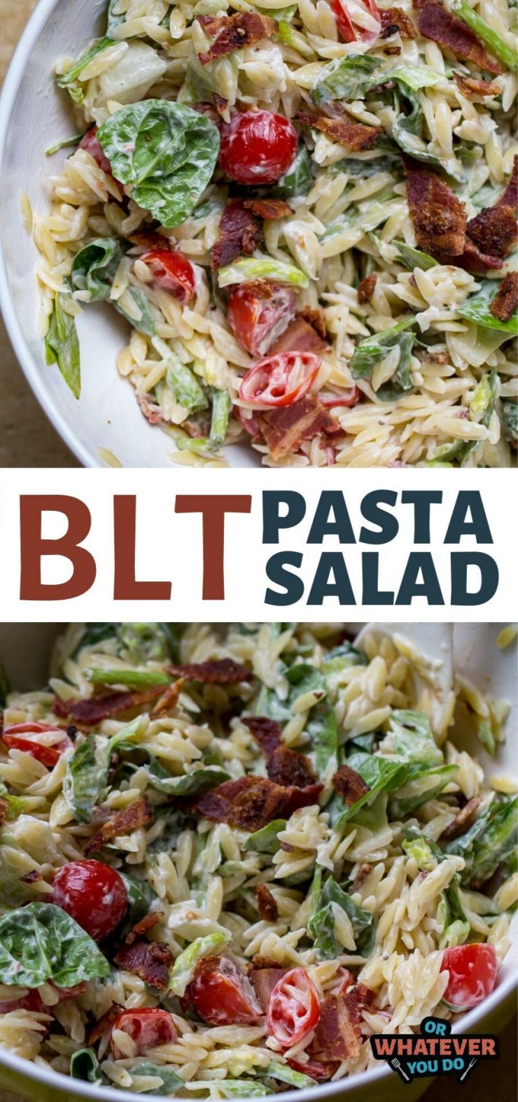 BLT Pasta Salad Pinterest graphic with text that says the recipe title