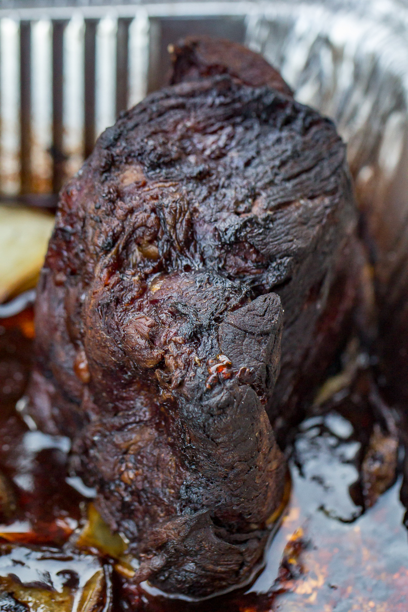 Traeger Pot Roast in a tin pan