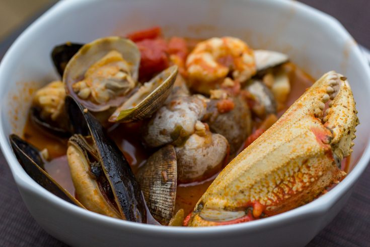 Traeger Northwest Cioppino in a white bowl