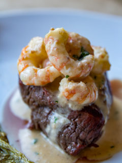 Filet Mignon with Whiskey Garlic Shrimp Sauce