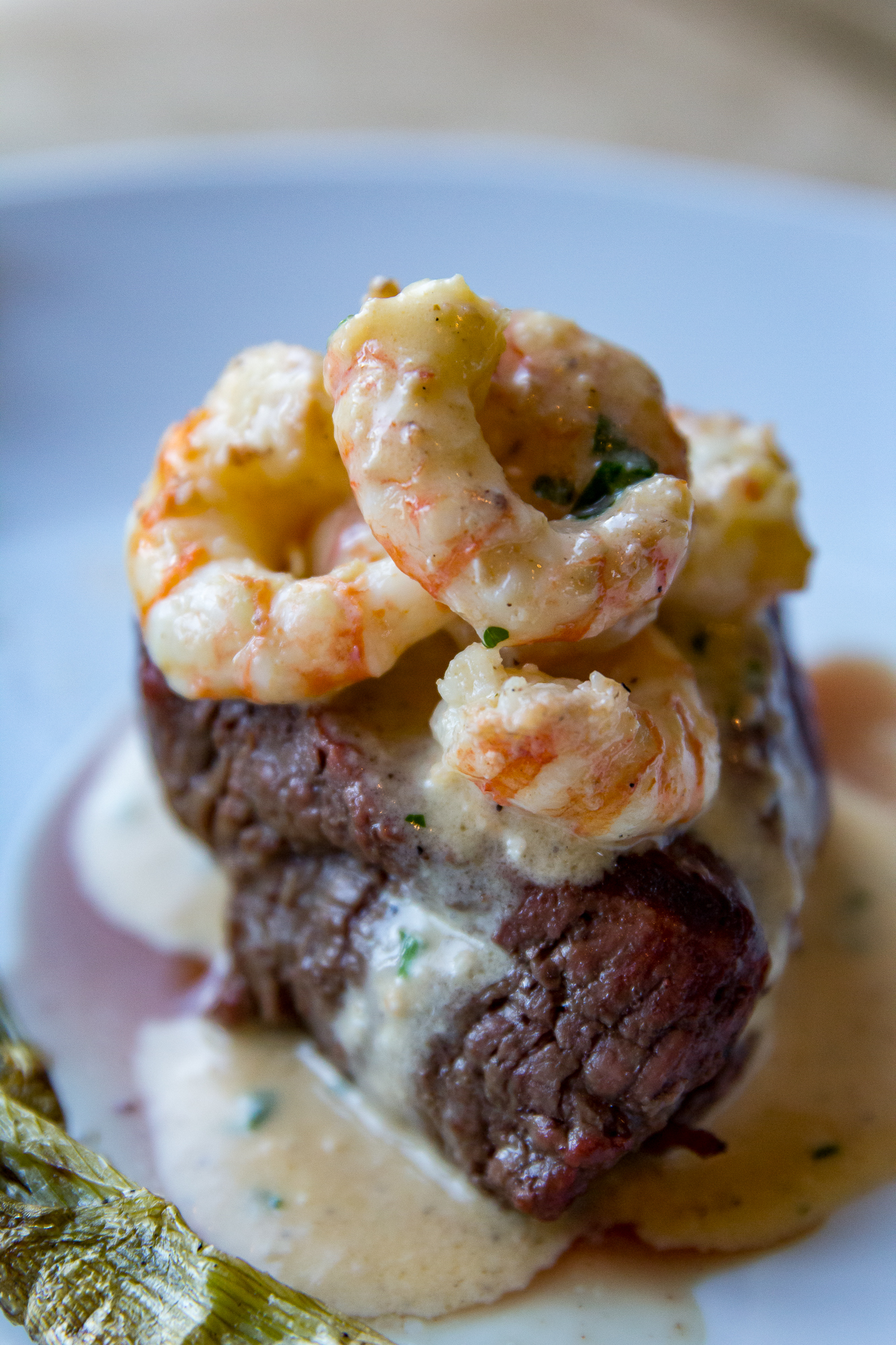 Filet Mignon with Whiskey Garlic Shrimp Sauce