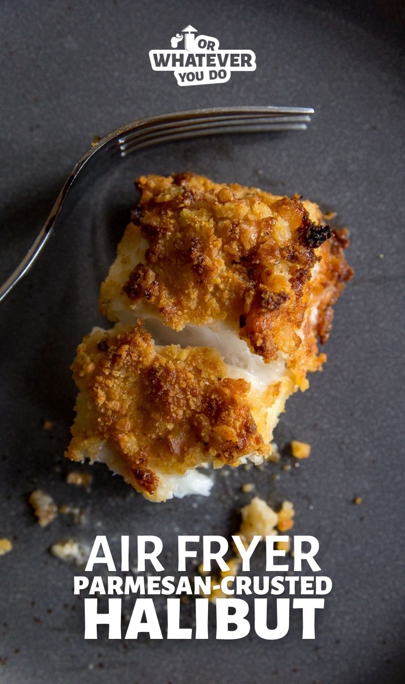 AIr Fryer Parmesan Crusted Halibut photo from above of halibut on a plate with a fork.