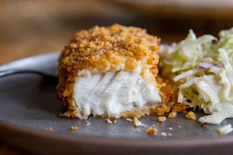 Air Fryer Parmesan Crusted Halibut on a gray plate with the flaky fish exposed