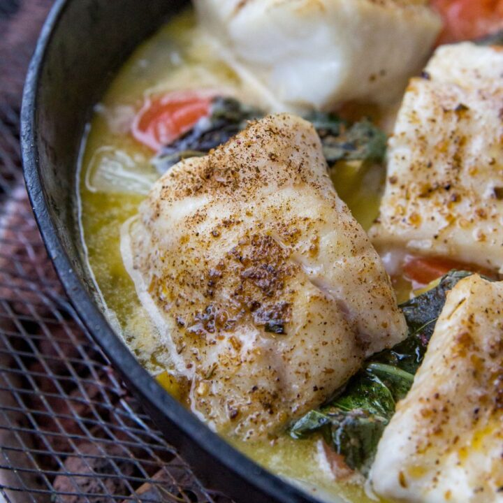 Pellet Grill Skillet Lingcod with Wine and Garlic