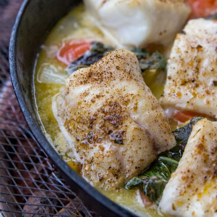 Pellet Grill Skillet Lingcod with Wine and Garlic