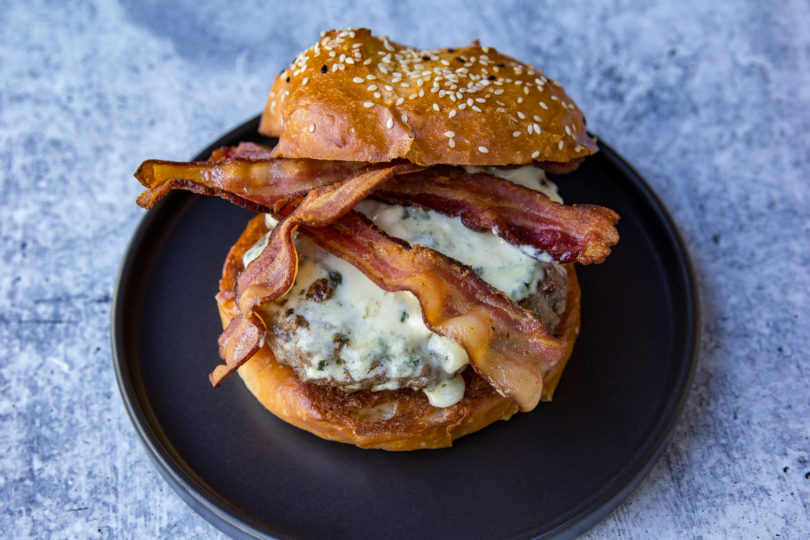 Bacon Weave Blue Cheese Burgers with Caramelized Onions - Umami Girl