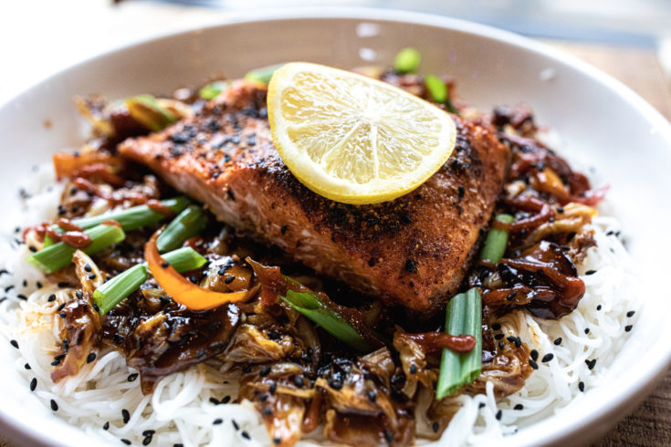 Grilled Togarashi Salmon Rice Noodle Bowl