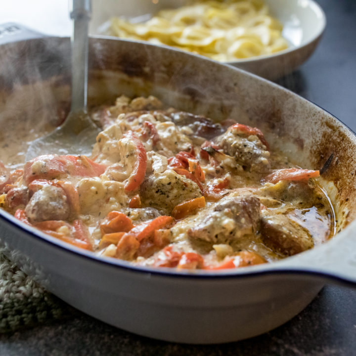 Traeger Feta Pasta Recipe with Sausage and Bell Peppers-image