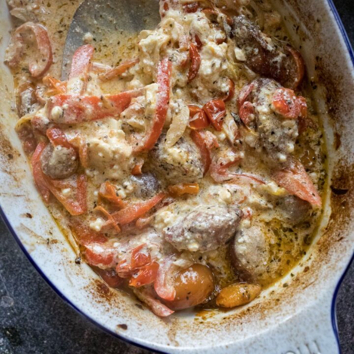 Traeger Feta Pasta Recipe with Sausage and Bell Peppers