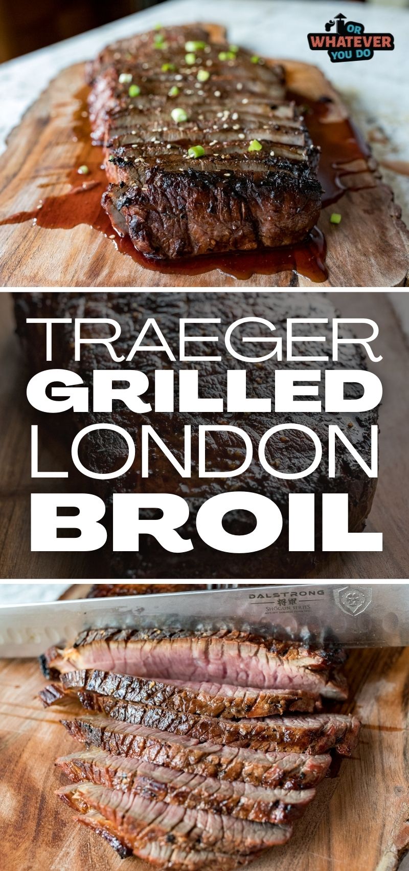 Traeger Grilled London Broil on a wooden cutting board, being sliced with a knife