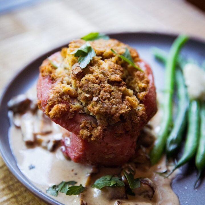 Traeger Stuffed Pork Chops with Mushroom Gravy