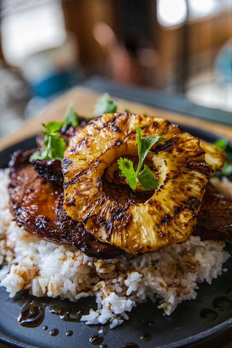 Grilled Teriyaki Pork Chops with Stir Fried Vegetables and Rice