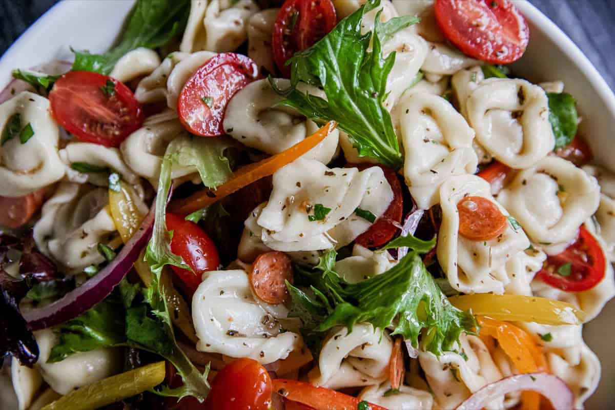 Colorful tortellini pasta salad with cherry tomatoes and fresh greens.