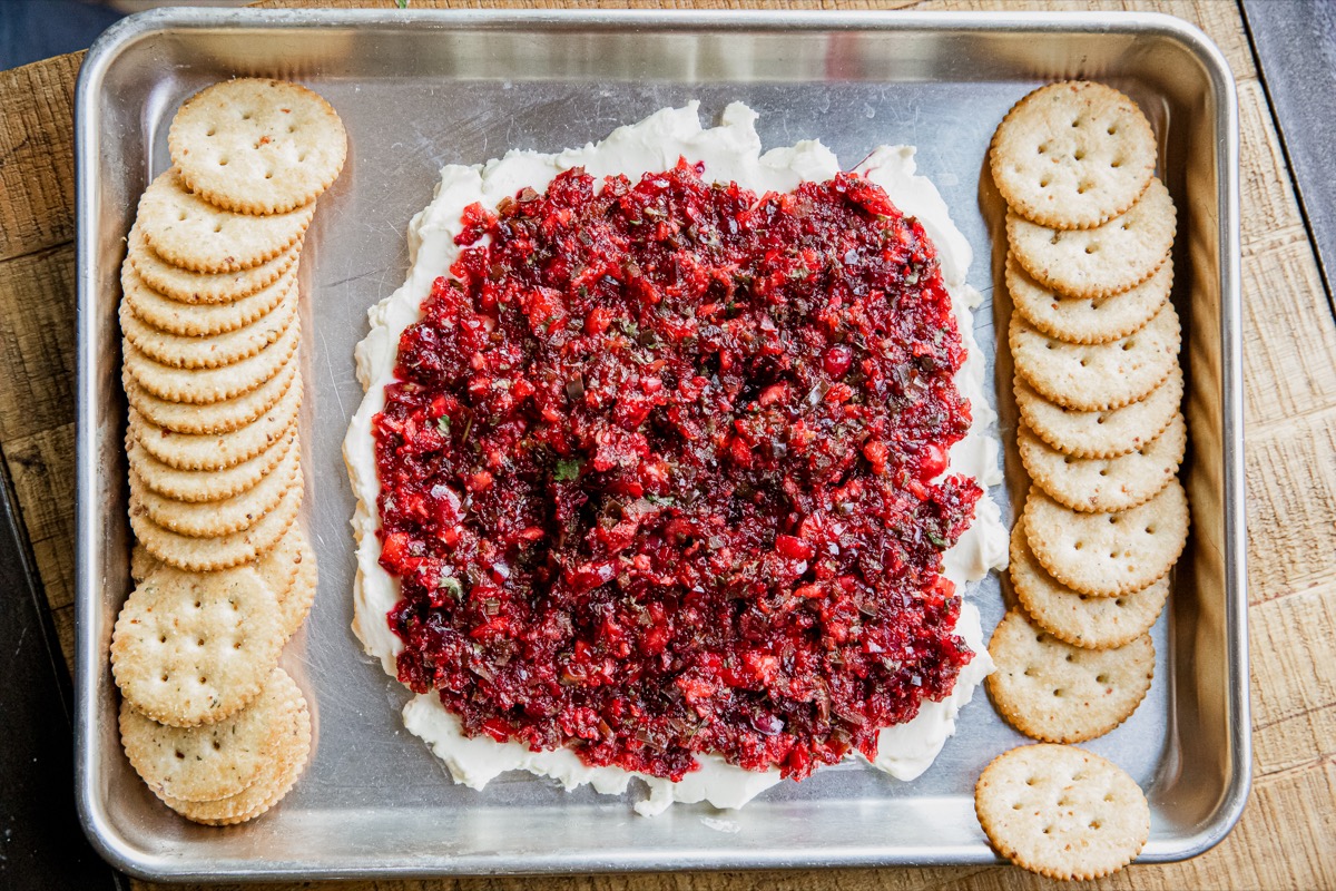 Smoked cream cheese topped with cranberry and jalapeño.