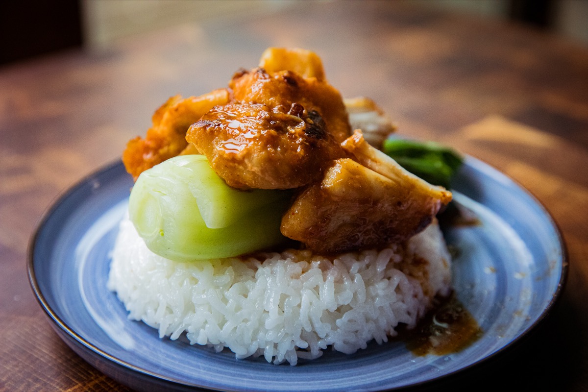 Sous vide lingcod cheeks on a bed of rice with bok choy.